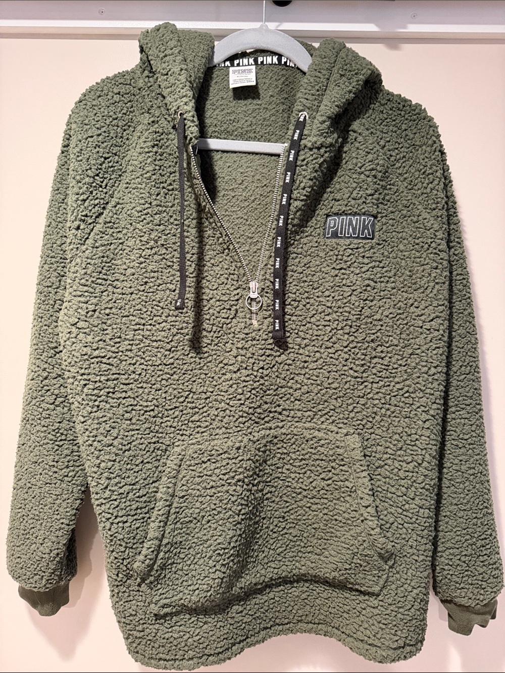 PINK Victoria's Secret Olive Green Sherpa Half-Zip Hoodie